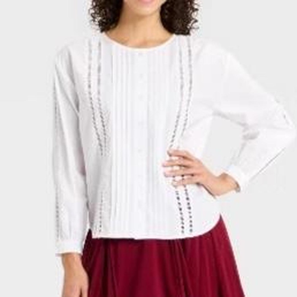 A New Day Women's Balloon Sleeve Lace Trim Button Up Blouse